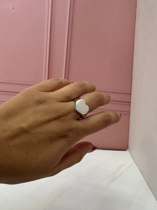 Anillo Corazón Sello Chunky Grande Plata .925 Personalizado - Grabado Romántico